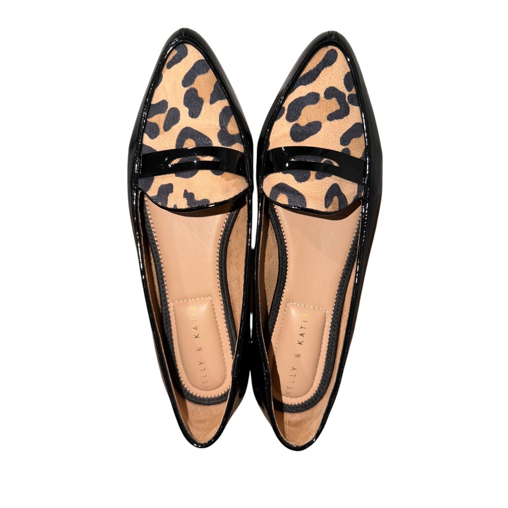 Kelly & Katie Aliva Black Patent Leopard Print Pointed Toe Flats Shoes 8M